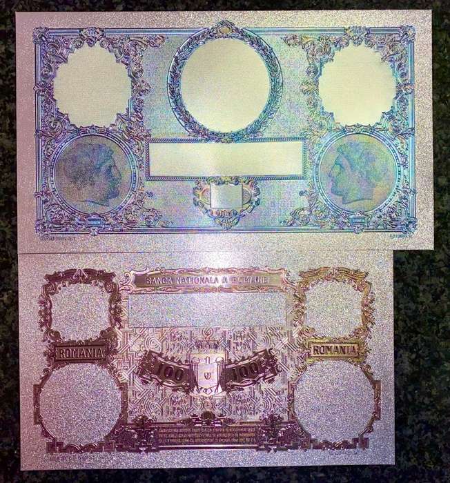ROMANIA - 1000 LEI 1933 & 100 LEI 1931 - SILVER - COLORIZED GOLD FOIL999 - LOVELY ART - HUGE CARD