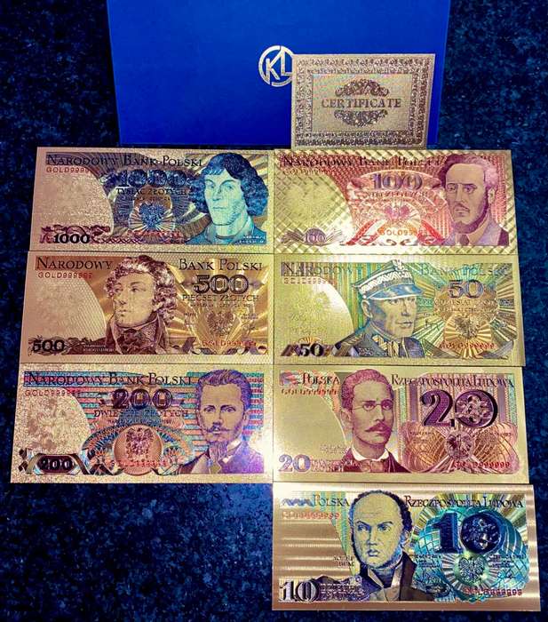 POLAND - FULL SET 1000 ZLOTYCH TO 10 ZLOTYCH - COLORIZED GOLD FOIL999 CARD - WITH CERT & FOLDER