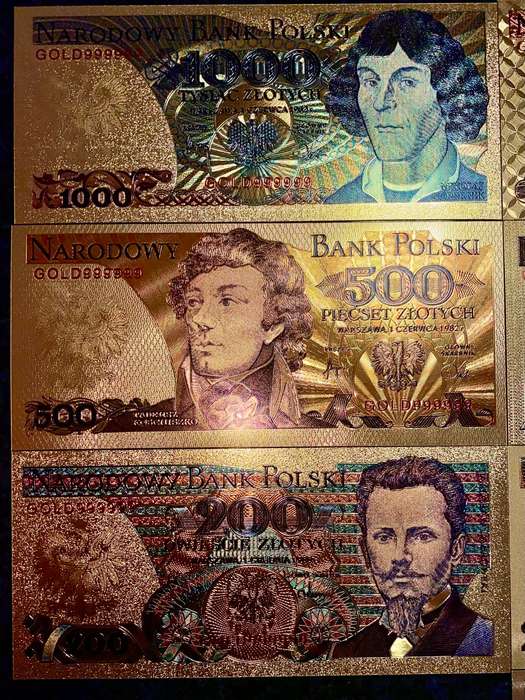 POLAND - FULL SET 1000 ZLOTYCH TO 10 ZLOTYCH - COLORIZED GOLD FOIL999 CARD - WITH CERT & FOLDER