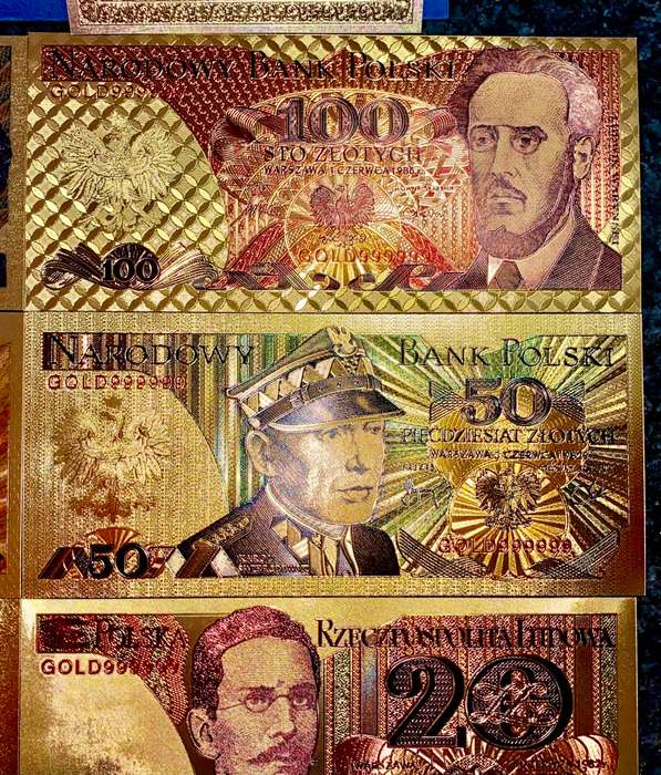 POLAND - FULL SET 1000 ZLOTYCH TO 10 ZLOTYCH - COLORIZED GOLD FOIL999 CARD - WITH CERT & FOLDER