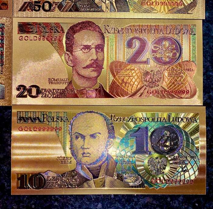 POLAND - FULL SET 1000 ZLOTYCH TO 10 ZLOTYCH - COLORIZED GOLD FOIL999 CARD - WITH CERT & FOLDER