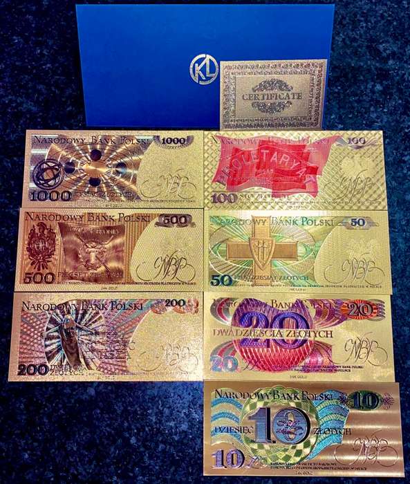 POLAND - FULL SET 1000 ZLOTYCH TO 10 ZLOTYCH - COLORIZED GOLD FOIL999 CARD - WITH CERT & FOLDER