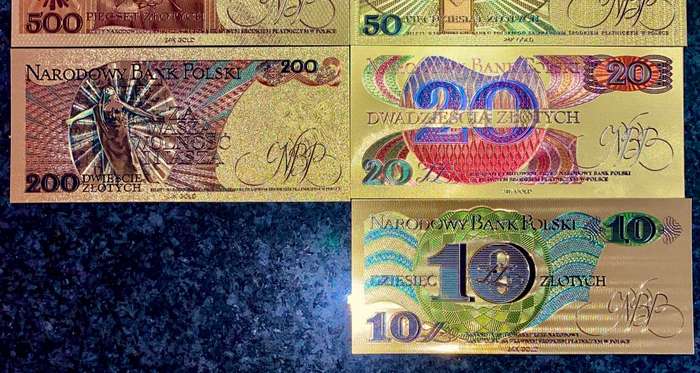 POLAND - FULL SET 1000 ZLOTYCH TO 10 ZLOTYCH - COLORIZED GOLD FOIL999 CARD - WITH CERT & FOLDER