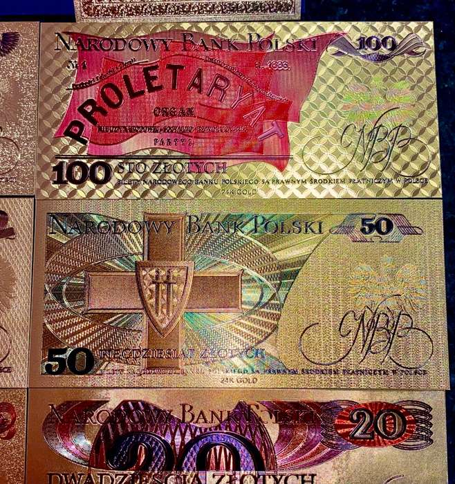 POLAND - FULL SET 1000 ZLOTYCH TO 10 ZLOTYCH - COLORIZED GOLD FOIL999 CARD - WITH CERT & FOLDER