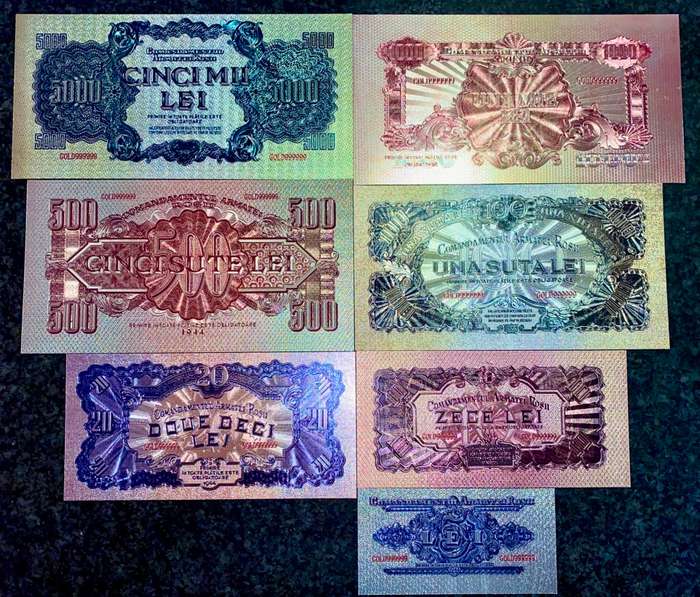 ROMANIA - FULL SET 5000 LEI TO 1 LEI 1944 SILVER - COLORIZED GOLD FOIL999 CARD - AMAZING ART -