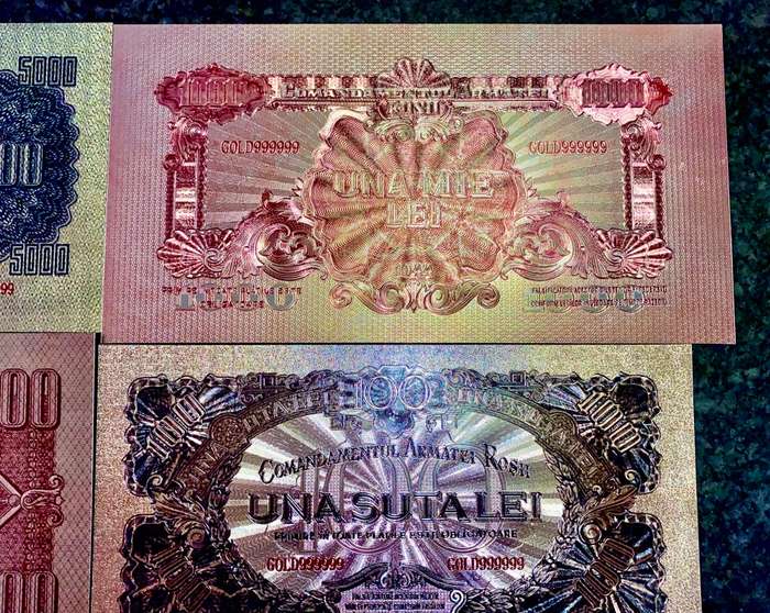 ROMANIA - FULL SET 5000 LEI TO 1 LEI 1944 SILVER - COLORIZED GOLD FOIL999 CARD - AMAZING ART -