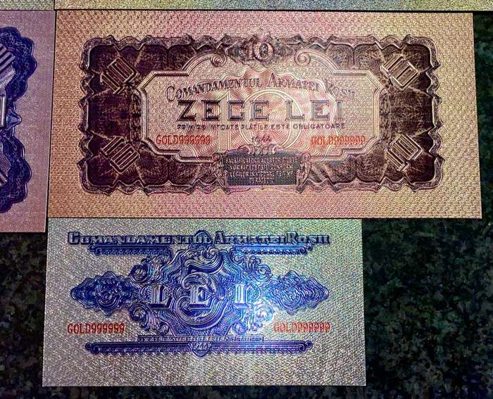 ROMANIA - FULL SET 5000 LEI TO 1 LEI 1944 SILVER - COLORIZED GOLD FOIL999 CARD - AMAZING ART -