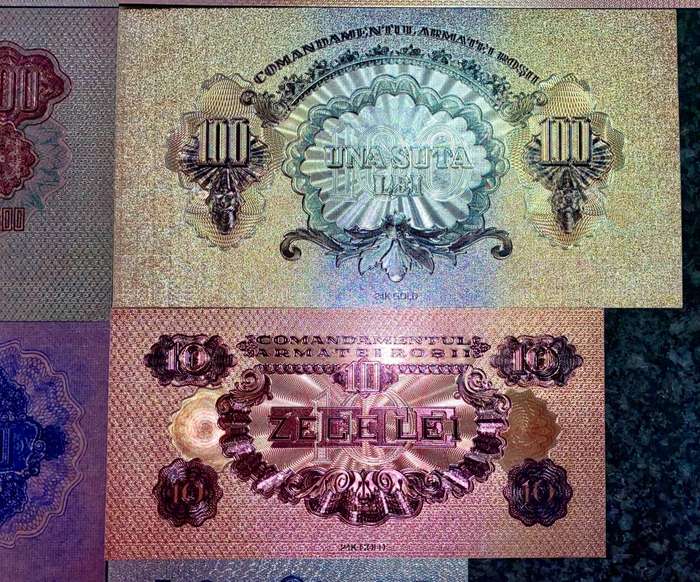 ROMANIA - FULL SET 5000 LEI TO 1 LEI 1944 SILVER - COLORIZED GOLD FOIL999 CARD - AMAZING ART -