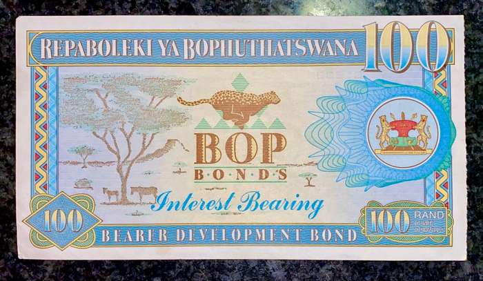 BOPHUTHATSWANA R100 BOP BONDS STAMPED 1989 BOPHUTHATSWANA