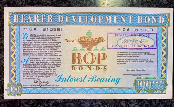 BOPHUTHATSWANA R100 BOP BONDS STAMPED 1989 BOPHUTHATSWANA