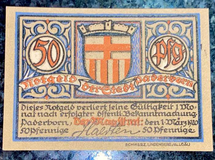 GERMANY 50 PFENNING - PADERBORN - 1920 UNC NOTGELD (EMERGENCY MONEY) - AMAZING ART