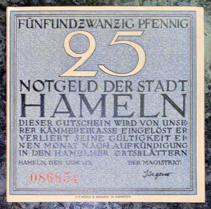 GERMANY 25 PFENNIG - HAMELN - 1921 UNC NOTGELD (EMERGENCY MONEY) - AMAZING ART