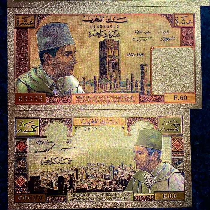 MOROCCO SET- 100 FRANCS 1843, 50 DIRHAMS, 10 DIRHM & 5 DIRHAMS 1969 - COLORIZED GOLD FOIL999 CARD -