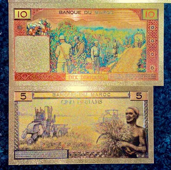 MOROCCO SET- 100 FRANCS 1843, 50 DIRHAMS, 10 DIRHM & 5 DIRHAMS 1969 - COLORIZED GOLD FOIL999 CARD -