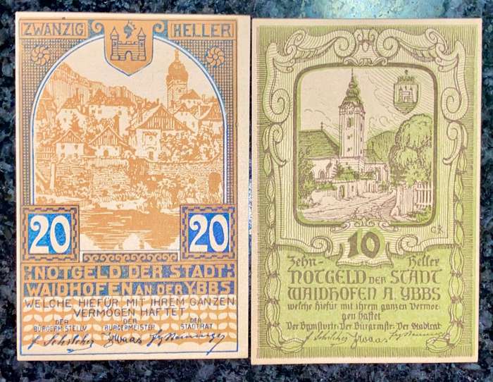 AUSTRIA SET 20 HELLER & 10 HELLER - WAIDHOFEN - 1920 UNC NOTGELD (EMERGENCY MONEY)