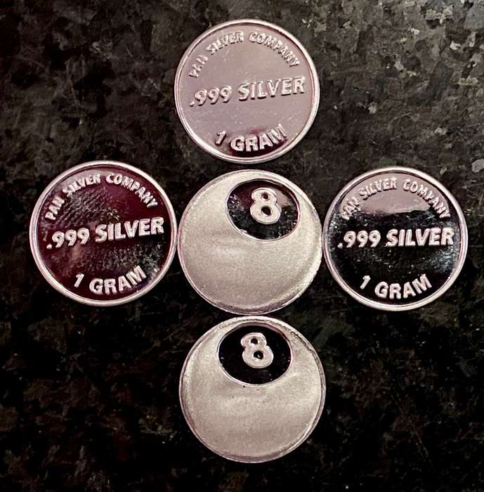 999 SILVER ROUNDS -- EIGHT BALL -- 1 GRAM FINE SILVER ROUNDS (BID PER ROUND)