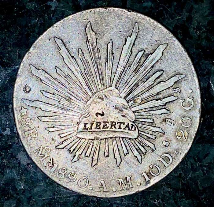 MEXICO SILVER 8 REALES 1890 - EAGLE WITH SNAKE ON CACTUS - 8R.MO.1890.A.M.10D.20G. MEXICO MINT