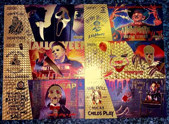 HORROR MOVIES - FREDDIE KRUGER, SCREAM, HALLOWEEN, IT, TRAP, CHUCKY - COLORIZED GOLD FOIL 999 CARDS