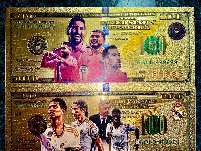 U S A - 100 DOLLARS - MANCHESTER UNITED, INTER MIAMI, REAL MADRID - COLORIZED GOLD FOIL 999 CARD -