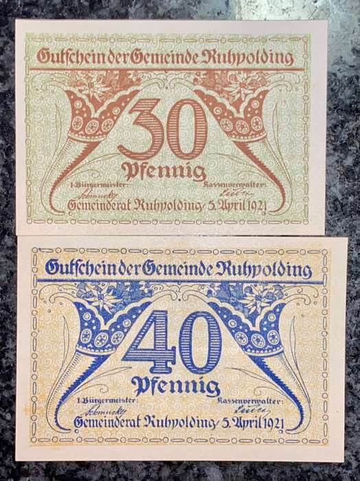GERMANY SET - 40 PFENNIG & 30 PFENNIG RUHPOLDING 1921 - UNC NOTGELD (EMERGENCY MONEY) - AMAZING ART