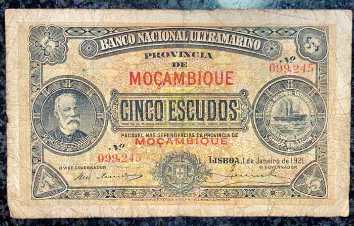 MOZAMBIQUE 5 ESCUDOS LISBOA 1ST JANUARY 1921 MOZAMBIQUE BLACK ULTRAMARINO KEY DATE