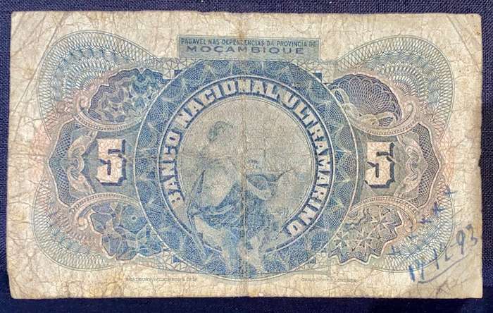 MOZAMBIQUE 5 ESCUDOS LISBOA 1ST JANUARY 1921 MOZAMBIQUE BLACK ULTRAMARINO KEY DATE