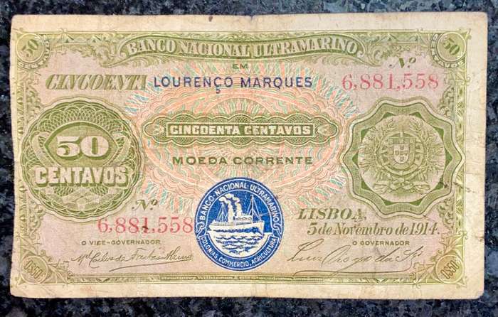 MOZAMBIQUE 50 CENTAVOS LISBOA 5TH NOVEMBER 1914 LORENZO MARQUEZ GREEN ULTRAMARINO