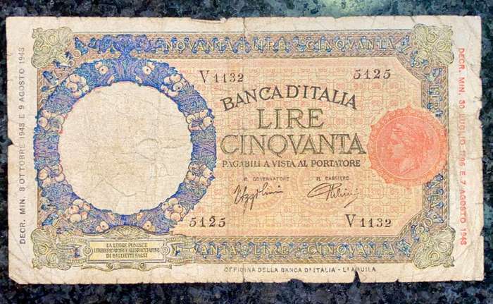 ITALY 50 LIRE 9TH AUGUST 1943 WW2