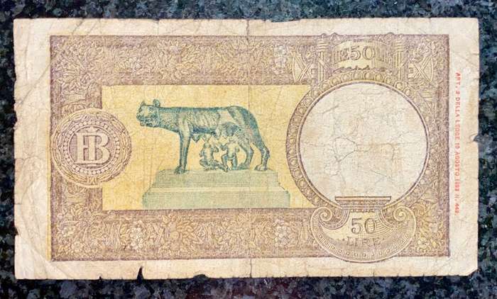 ITALY 50 LIRE 9TH AUGUST 1943 WW2