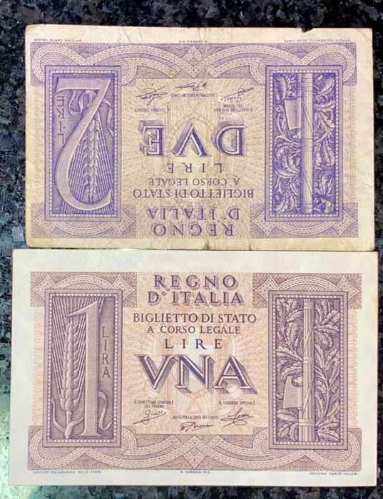 ITALY SET 1 LIRE & 2 LIRE 1939 WW2(1 BID TAKES ALL)
