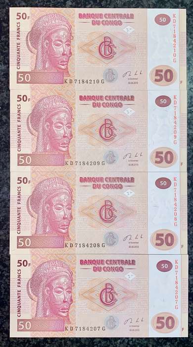 CONGO 50 FRANCS IN SEQUENCE KD7184210-207 UNC 2013 (1 BID TAKES ALL)