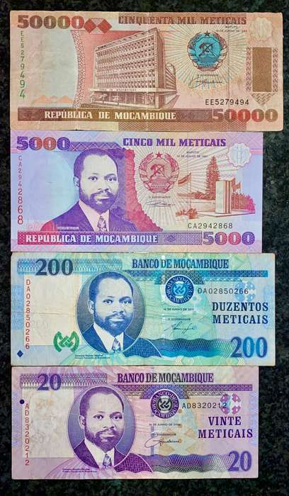 MOZAMBIQUE SET 50000 METICAIS 1993, 5000 METICAIS 1991, 200 METICAIS 2011 & 20 METICAIS 2006
