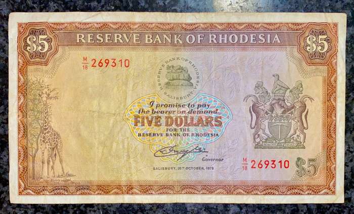 RHODESIA 5 DOLLARS 1978 C.J RHODES WTM M19