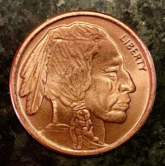 U S A - AMERICAN INDIAN & BUFFALO 1 OZ- 999 FINE COPPER ROUND