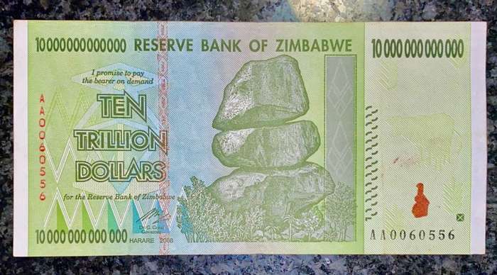 ZIMBABWE 10 TRILLION DOLLARS LOW NUMBER AA0060556 AUNC HARARE 2008 ZIM BIRD WTM