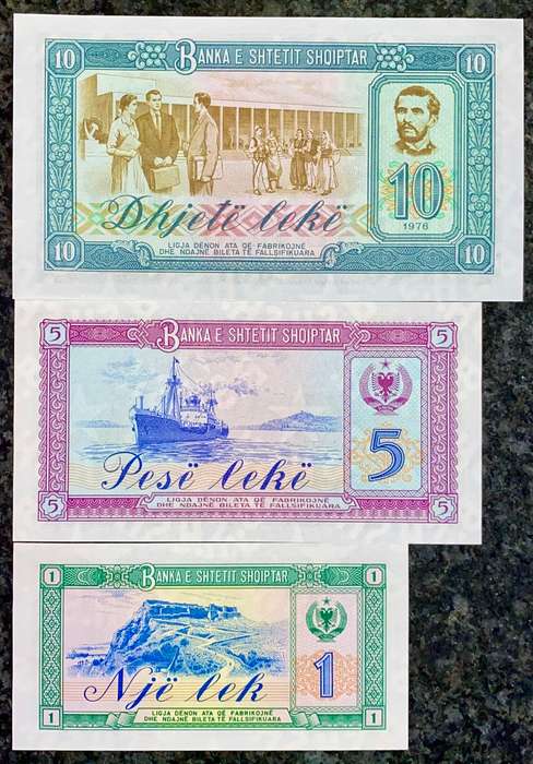 ALBANIA SET 10 LEKE - 5 LEKE - 1 LEKE 1976 UNC (1 BID TAKES ALL)