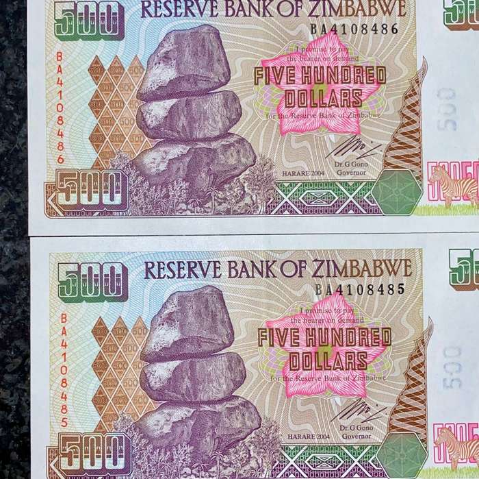 ZIMBABWE SET 500 DOLLARS IN SEQUENCEBA4108486-485 -- 2004 UNC  (1 BID TAKES ALL)