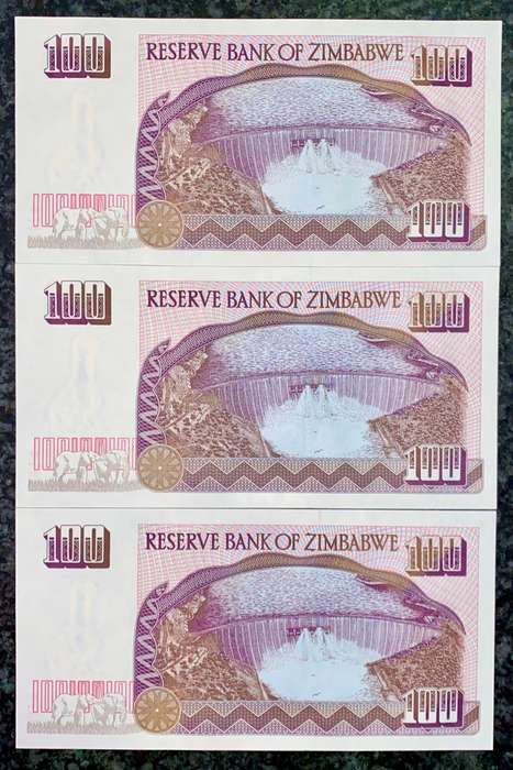 ZIMBABWE SET 100 DOLLARS IN SEQUENCE JN7798664-662 -- 1995 UNC (1 BID TAKES ALL)