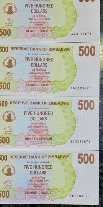 ZIMBABWE 500 DOLLARS IN SEQUENCE AG2183671-674 -- 2006 UNC  (1 BID TAKES ALL)