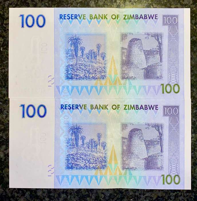 ZIMBABWE 100 DOLLARS IN SEQUENCE AA8247717-718 -- 2007 UNC  (1 BID TAKES ALL)