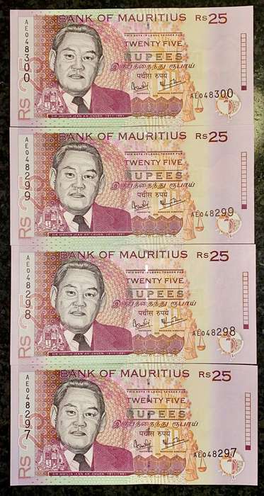 MAURITIUS 25 RUPEES IN SEQUENCE AE048300-297 UNC 1999(1 BID TAKES ALL)