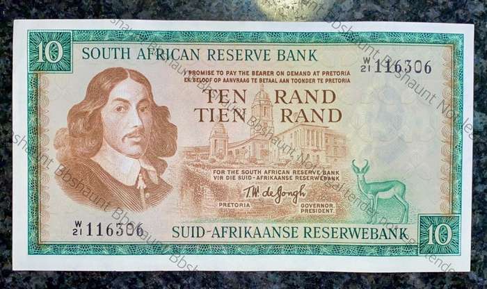 REPLACEMENT NOTE TW DE JONGH R10 -- W21 -- VAN RIEBEECK WTM 3RD ISSUE 1976 GOOD CONDITION