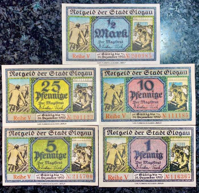 GERMANY SET GLOGAU 1/2 MARK, 25 PFENNIG, 10PF, 5PF, 1PF 1920 UNC NOTGELD(EMERGENCY MONEY)AMAZING ART