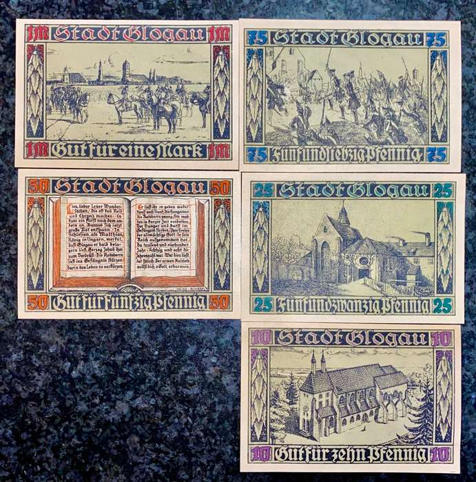 GERMANY SET GLOGAU 1 MARK, 75 PFENNIG, 50PF, 25PF, 10PF 1920 UNC NOTGELD(EMERGENCY MONEY)AMAZING ART