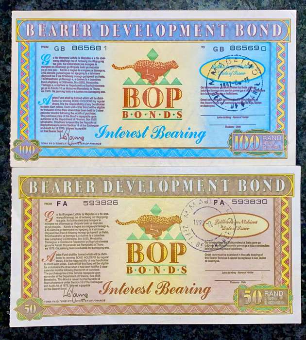 BOPHUTHATSWANA SET R100 & R50 BEARER BONDS STAMPED - 1992 MMABATHO - BOP BONDS UNC-AUNC