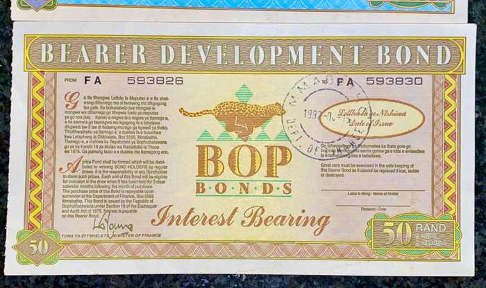 BOPHUTHATSWANA SET R100 & R50 BEARER BONDS STAMPED - 1992 MMABATHO - BOP BONDS UNC-AUNC