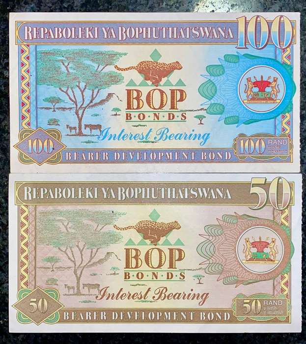 BOPHUTHATSWANA SET R100 & R50 BEARER BONDS STAMPED - 1992 MMABATHO - BOP BONDS UNC-AUNC