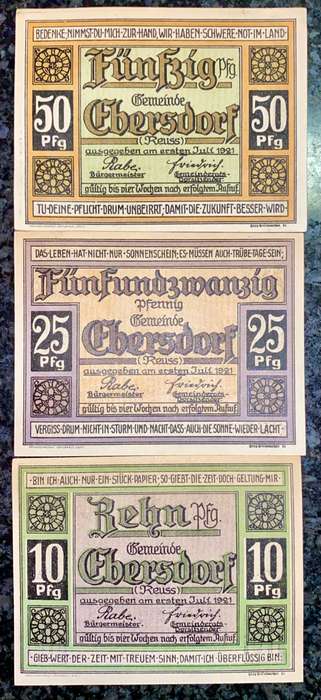 GERMANY SET - EBERSDORF - 50 PFENNIG TO 10 PFENNIG 1921 UNC NOTGELD (EMERGENCY MONEY) - AMAZING ART