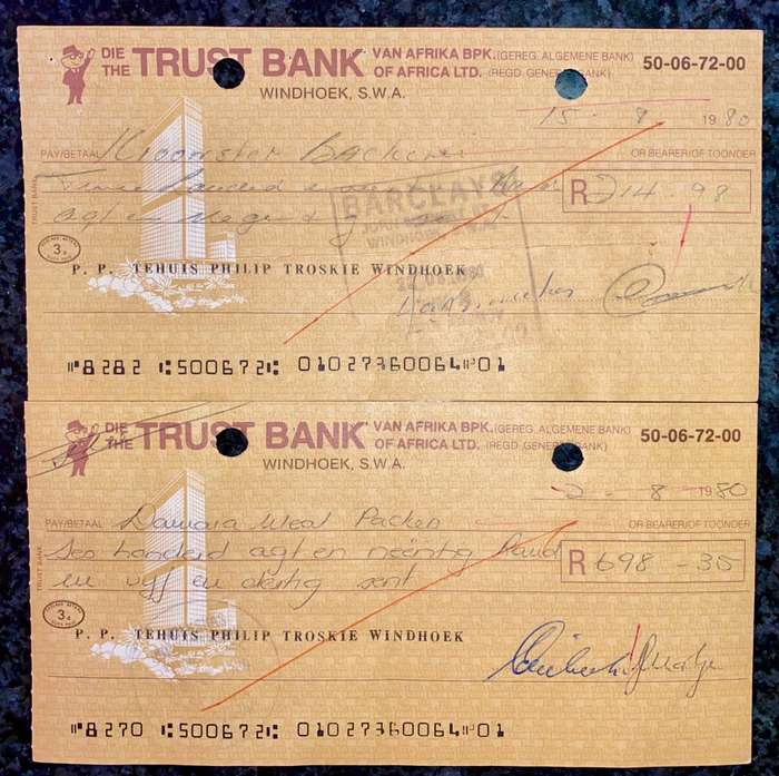 TRUST BANK WINDHOEK S W A CHEQUES 1980 STAMPED BARCLAYS BANK