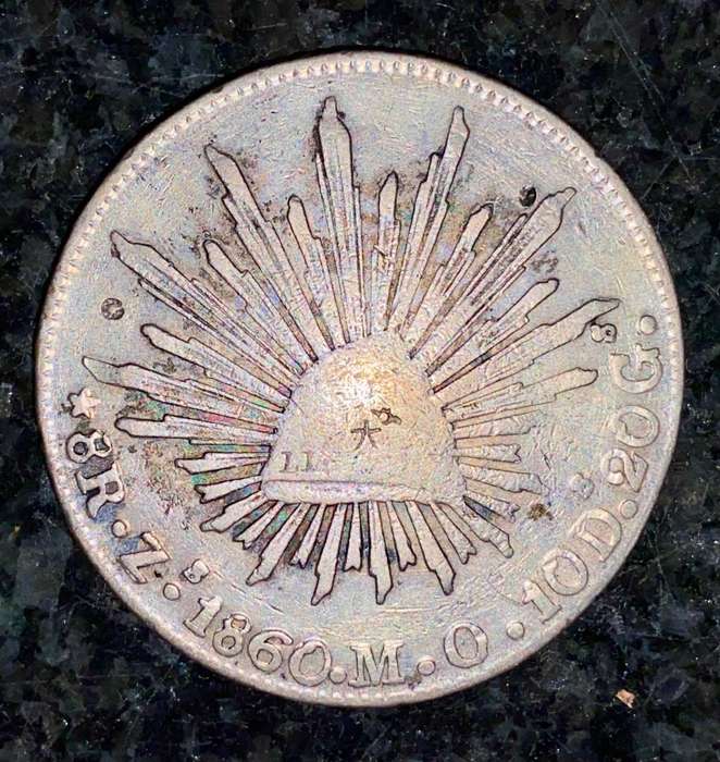 MEXICO SILVER 8 REALES 1860 - EAGLE WITH SNAKE ON CACTUS - 8R.Z.1860.M.O.10D.20G. MEXICO MINT